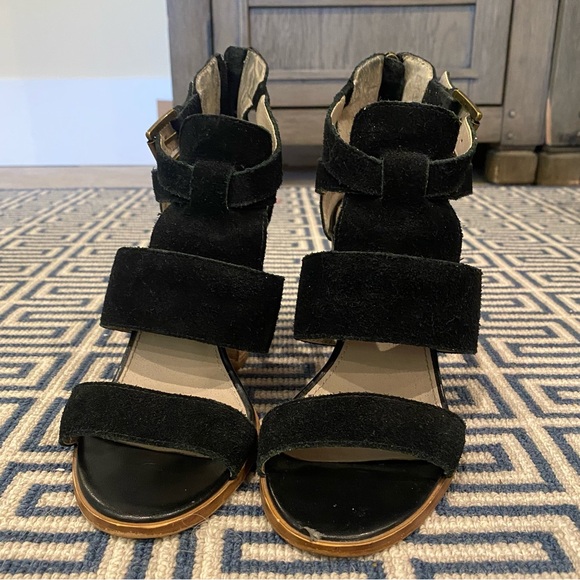 Black Chunky Heel Suede Sandals - Picture 1 of 9